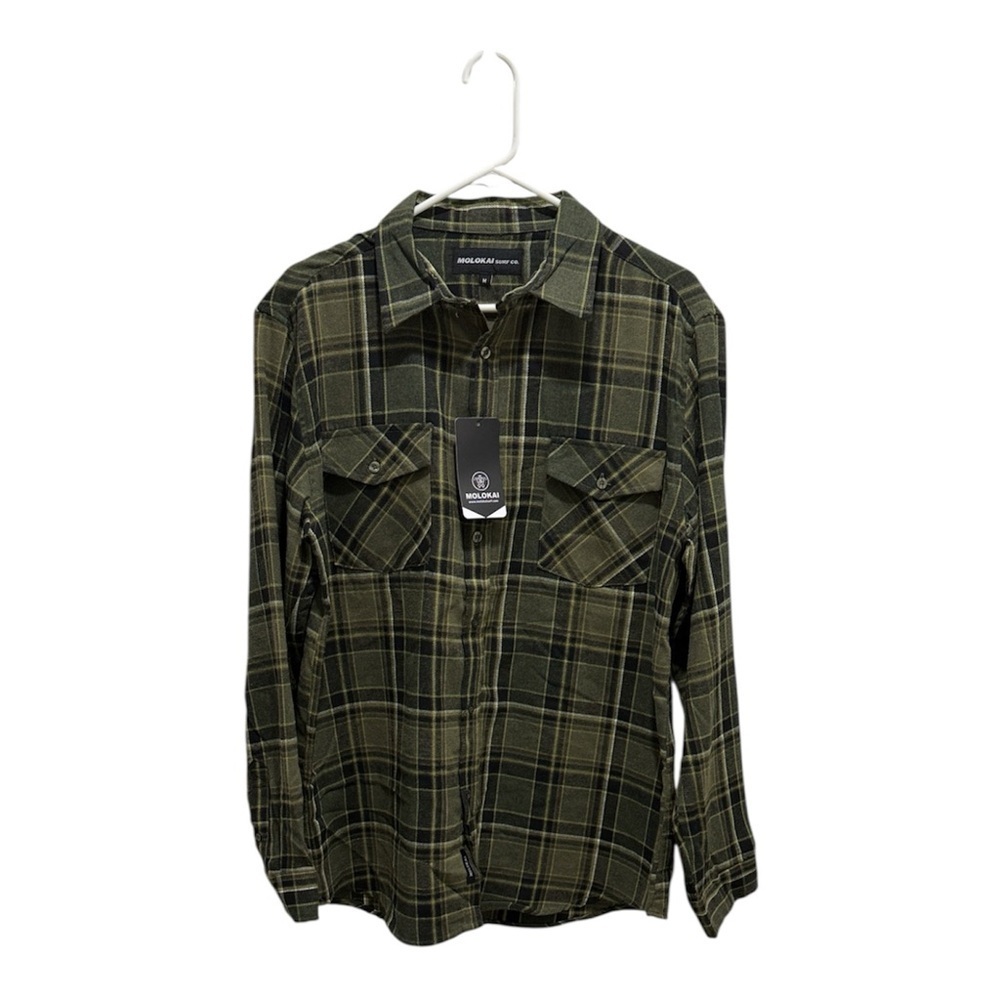 Molokai Surf Co. Men’s Black and Olive Plaid Button-Up Shirt Medium NWT